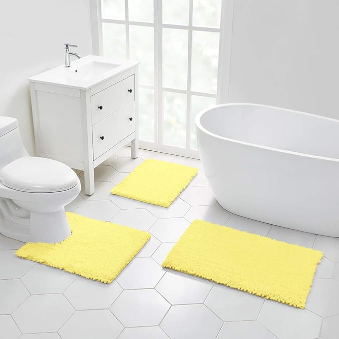 Walensee Large Bathroom Rug Non Slip Bath Mat (24x60 Inch Yellow) Water Absorbent Super Soft Shaggy Chenille Machine Washable Dry Extra Thick Perfect Absorbant Best Plush Carpet for Shower Floor