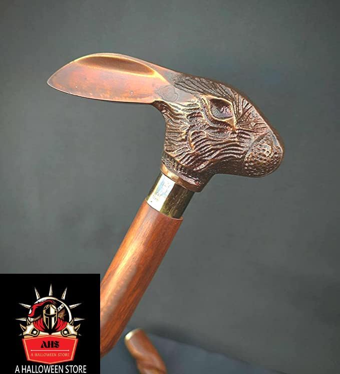 Copper Antique Bunny Head Handle Metal Jackrabbits Foldable Brown Spiral Rope Style Wooden Cane Walking Stick Ideal Vintage Gift for Men Women Grandfather/Grandmother