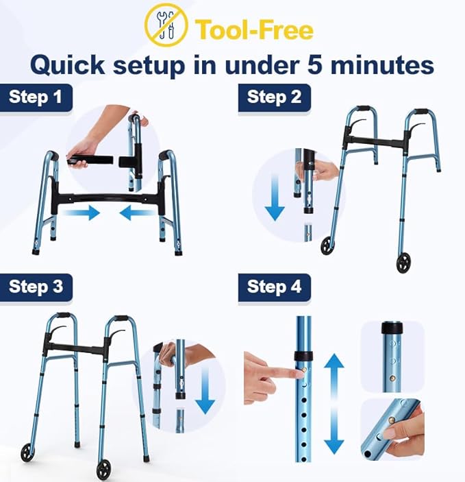 Walkers for Seniors with Basket and Glide Skis, 5" Wheels Lightweight Folding Walker, Support Up to 350 lbs, Height Adjustable Standard Compact Rolling Walker, Blue