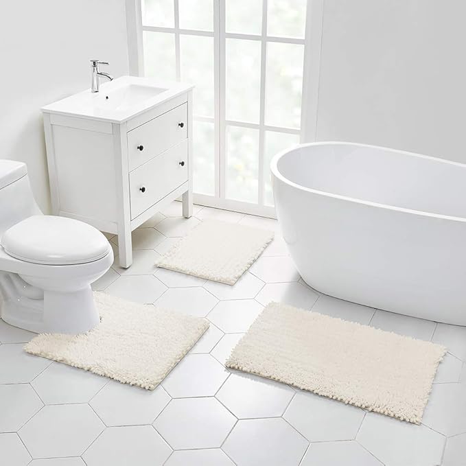Walensee Large Bathroom Rug Non Slip Bath Mat (72x24 Inch Ivory) Water Absorbent Super Soft Shaggy Chenille Machine Washable Dry Extra Thick Perfect Absorbant Best Plush Carpet for Shower Floor