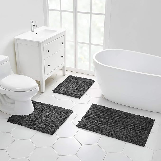 Walensee Bathroom Contour Rug Non Slip Toilet U Shaped Bath Mat (20x24, Dark Grey) Water Absorbent Super Soft Shaggy Chenille Machine Washable Dry Extra Thick Perfect Absorbant Best Plush Carpet