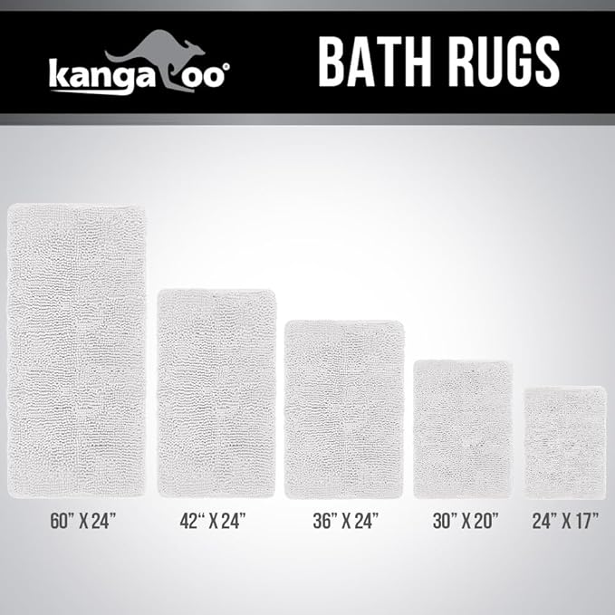 KANGAROO Bathroom Rugs, Chenille Soft Absorbent Bath Rug, Shaggy Shower Mat, Quick Dry Machine Wash Bathmat, Plush Carpet Mats for Tub, Bathtub and Room Home Decor Accessories, 42x24, White