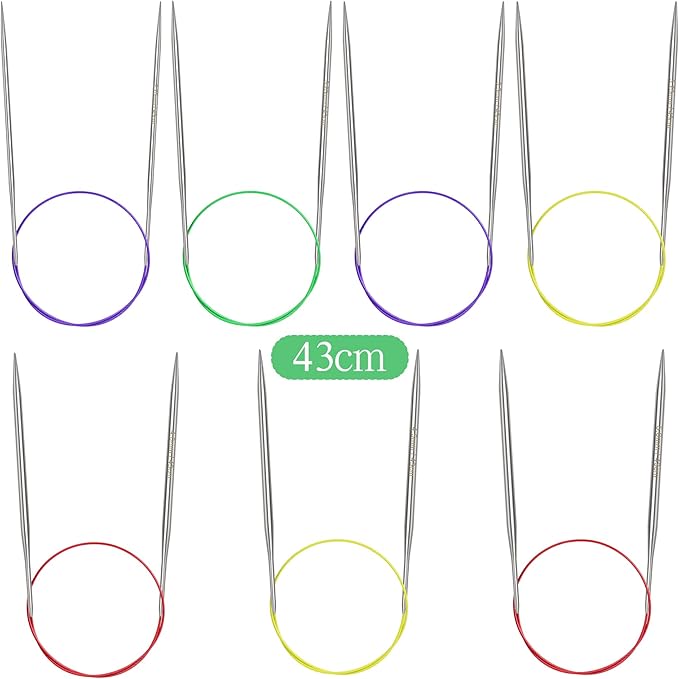 Katech 16.93 inch (43cm) Circular Knitting Needles Set, 2.75mm-5.00mm Stainless Steel Knitting Needles with Cables, 7 Sizes Short Round Needle for Sweaters, Hats, Socks, Scarves