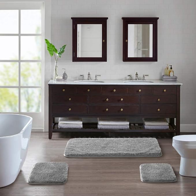 Suchtale Rug Non Slip Bath Mat (16 x 24, Grey) Water Absorbent Soft Microfiber Shaggy, Machine Washable Bath Rug for Bathroom Thick Plush Rugs for Shower