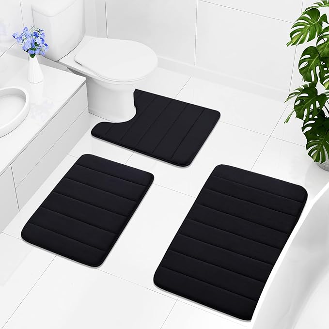 Buganda Memory Foam U-Shaped Contour Toilet Rugs, Non Slip Absorbent, Thick Soft Washable Bathroom Mat, Floor Carpet Bath Rugs Mat for Toilet Base (24" x 24", Black)