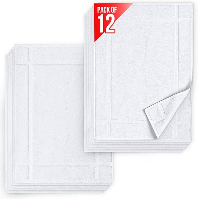 Pearl Linens Pack of 12 100% Cotton Bath Mat 20x30 inches, Soft & Absorbent Quick Dry Bathroom Mat Set, Not Bathroom Rugs, After Shower Mat, Bath Tub Mat, 687 GSM, Machine Washable, White