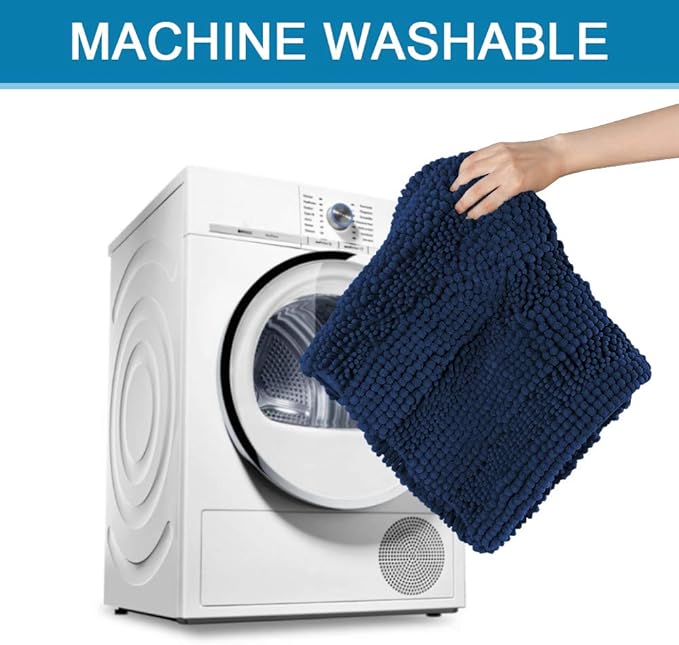 H.VERSAILTEX Navy Blue Bathroom Rugs 2 Piece, Bath Mat Set Slip-Resistant Extra Absorbent Soft and Fluffy Striped Chenille Bath Rugs, Floor Mats Dry Fast Machine Washable (20" x 32"/17" x 24")