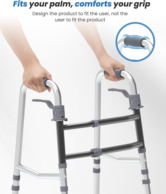 Folding Walkers for Seniors, Adjustable Width & Height, Standard Walkers with Basket, 2 Skis, 5” Front Wheels, Lightweight Walkers for Elderly & Disabled, Thickened Aluminum Adult Walker