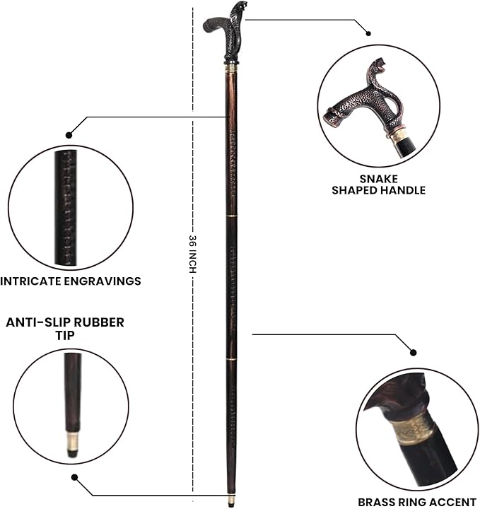 All Black Snake Handle Spiral Wooden Walking Cane