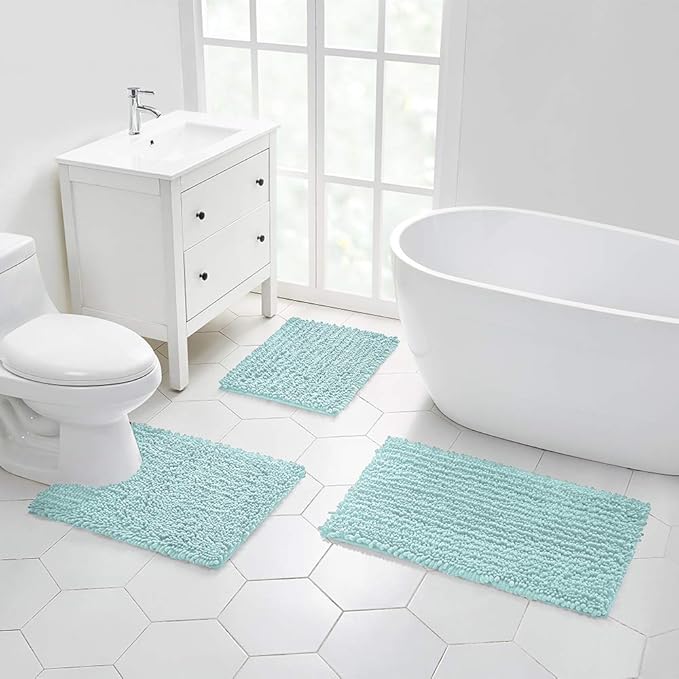 Walensee Bathroom Rug 2 Pieces Set Non Slip Bath Mat (17x24 Plus 20x32 Inch spa Blue) Water Absorbent Super Soft Shaggy Chenille Machine Washable Dry Extra Thick Perfect Carpet for Shower Floor