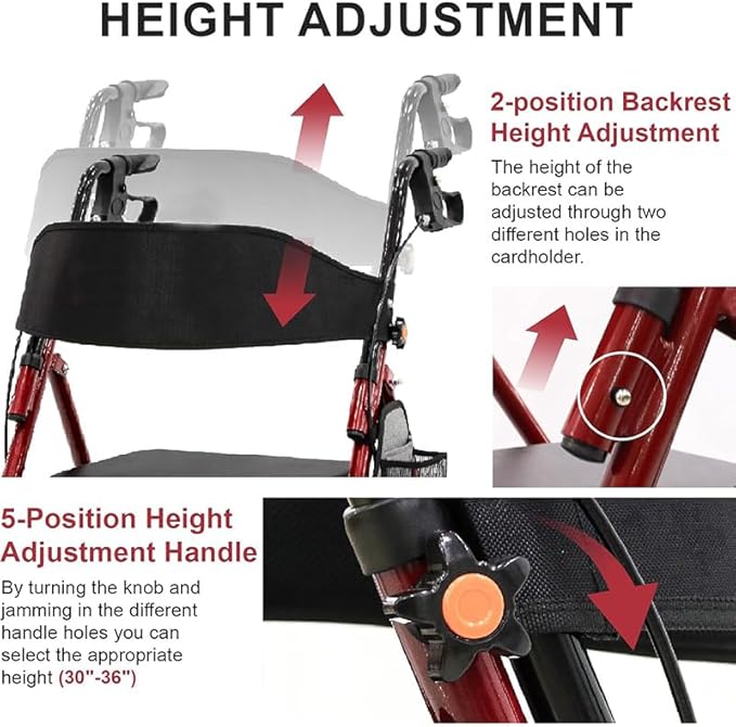 Lightweight Foldable Rollator Walkers with Seat for Seniors, 350 lb Capacity, 5-Position Adjustable Height, Premium Hybrid Rolling Walker - Aluminum and Carbon Steel (Red)