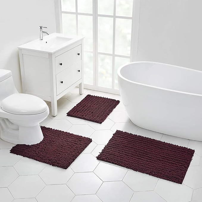 Walensee Bathroom Contour Rug Non Slip Toilet U Shaped Bath Mat (20x24, Burgundy) Water Absorbent Super Soft Shaggy Chenille Machine Washable Dry Extra Thick Perfect Absorbant Best Plush Carpet