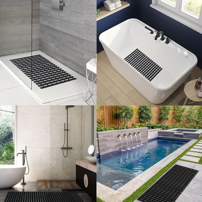 Bath Mat Non Slip Shower Mat Bathtub with Drain Holes and Heavy Duty Rubber No Suction Cups Sturdy Shower Stall Tub Mat for Bathroom, Shower Floor, Pool, SPA, (Black, 4FT X 12FT)