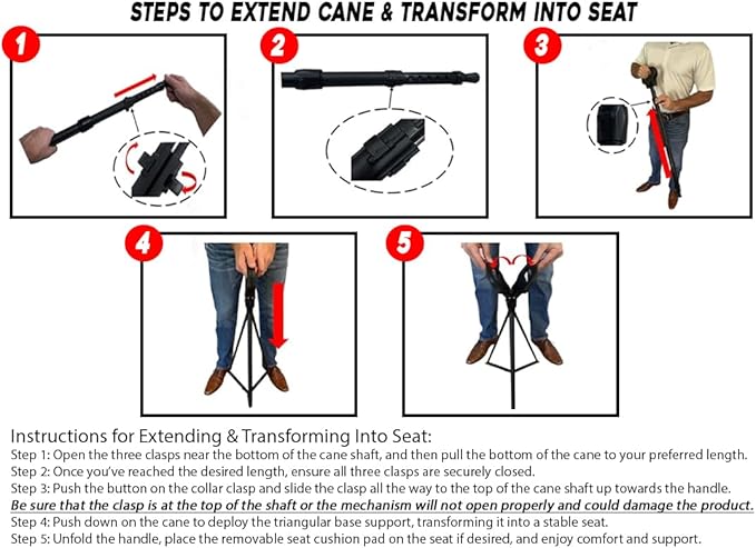 Darza Adjustable Cane with Seat - Walking Stick with Seat, Cane Stool, Lightweight Aluminum and Ergonomic Design, Includes Removable Cushion and Carry Bag with Pocket Storage
