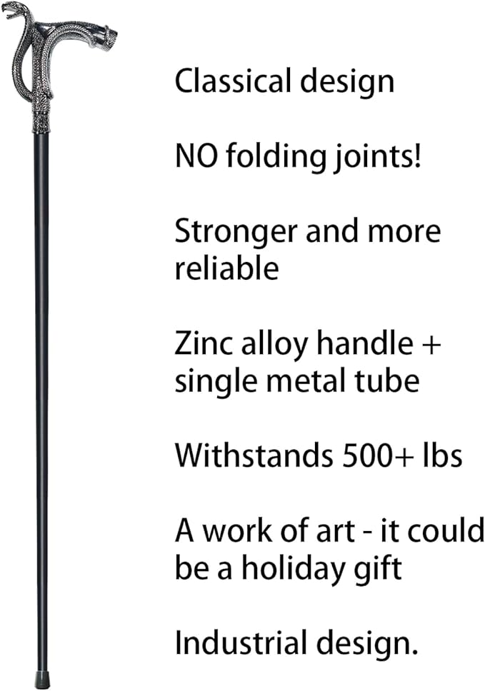 Walking Cane for Men & Women - Heavy Duty 500+ lbs Capacity, Gothic Cane with Ornate Design, Decorative Goth Metal Ergonomic Handle Cane, Black & Silver Snake Walking Stick for Senior Gift