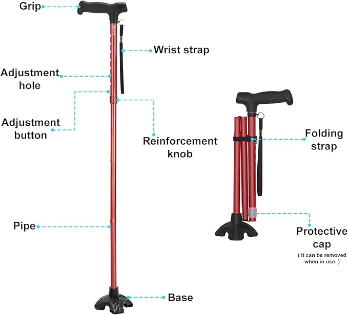 Walking Cane for Women, Extended Grip; Solid Base; Foldable; Adjustable Heights; Lightweight; Free Standing; Portable Canes for Men for Stability (Red)