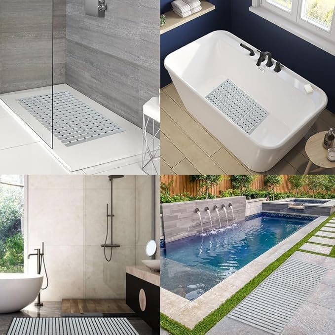 Bath Mat Non Slip Shower Mat Bathtub with Drain Holes and Heavy Duty Rubber No Suction Cups Sturdy Shower Stall Tub Mat for Bathroom, Shower Floor, Pool, SPA, (Grey, 2FT X 8FT)