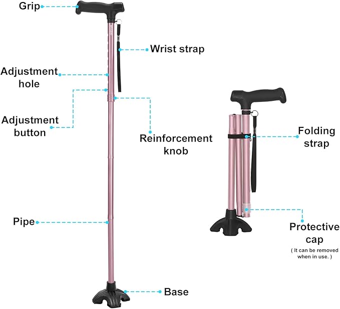 Walking Cane for Women, Extended Grip; Solid Base; Foldable; Adjustable Heights; Lightweight; Free Standing; Portable Canes for Women for Stability (Pink)