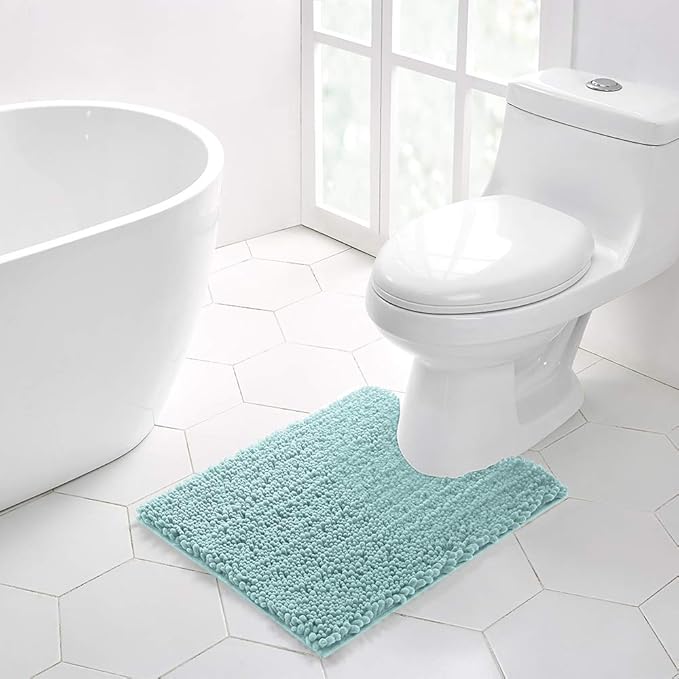 Walensee Bathroom Rug 2 Pieces Set Non Slip Bath Mat (20"x32" Plus 20"x24" U spa Blue) Water Absorbent Super Soft Shaggy Chenille Machine Washable Dry Extra Thick Perfect Carpet for Shower Floor