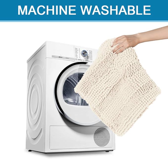 H.VERSAILTEX Ivory Bath Mat Bath Rugs, Extra Thick Striped Bath Rugs for Bathroom 2 Piece Bathroom Set, Anti-Slip Soft Plush Chenille Shaggy Mat Water Absorbent (Ivory, 20" x 32"/17" x 24")