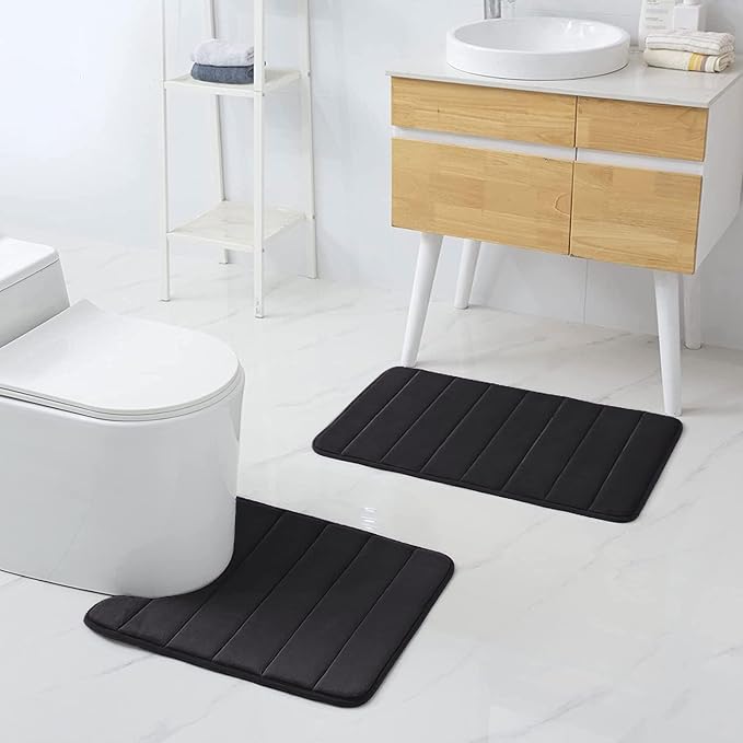 Buganda Memory Foam U-Shaped Contour Toilet Rugs, Non Slip Absorbent, Thick Soft Washable Bathroom Mat, Floor Carpet Bath Rugs Mat for Toilet Base (20" x 20", Black)