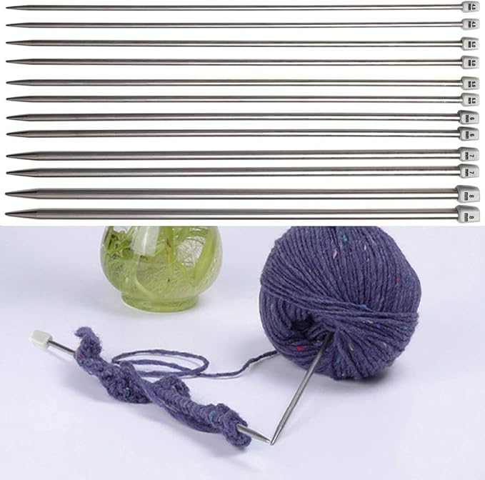 Knitting Needle Set, BCMRUN 22PCS 2mm(B)-8mm(L) Straight Single Pointed Stainless Steel Sweater Needles Set(11Pair-11 Size,9.8 inch) with Locking Stitch Makers Large-Eye Needles Measure Tape (25CM)
