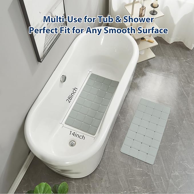 Silicone Bath Mat with Suction Cups – Non-Slip Foldable Bathtub & Shower Mat, Durable & Quick-Dry Safety Tub Mat with Large Drain Holes for Families 28"x 14" Grey