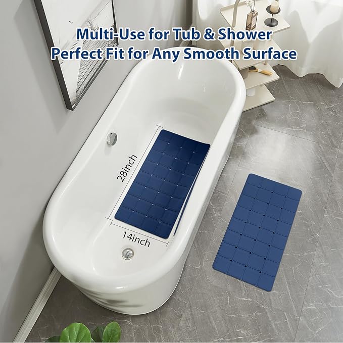 Silicone Bath Mat with Suction Cups – Non-Slip Foldable Bathtub & Shower Mat, Durable & Quick-Dry Safety Tub Mat with Large Drain Holes for Families 28"x 14" Navy Blue