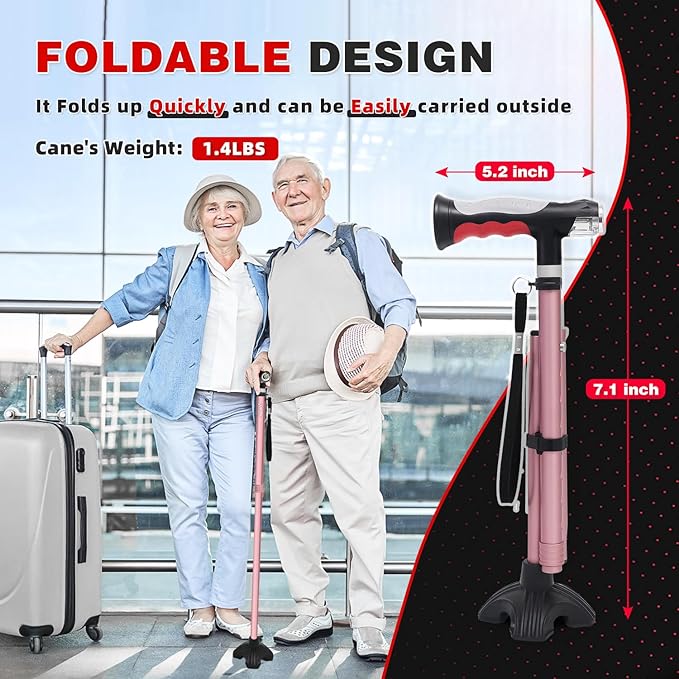 BigAlex Folding Walking Cane with Two Led Lights for Elderly Solid Base Adjustable Walking Stick with Carrying Bag for Men Women