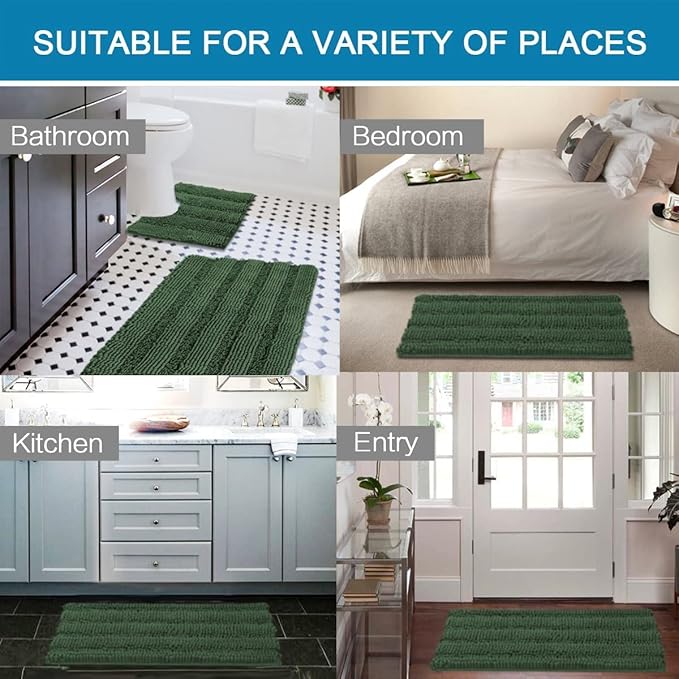 H.VERSAILTEX Bathroom Rugs Bath Rugs for Bathroom Non Slip Bath Mats Extra Thick Chenille Striped Rug 17" x 24" Absorbent Soft Shaggy Washable Dry Fast Bath Mats for Bath Room Floor - Bronze Green