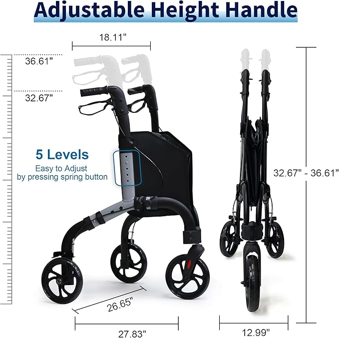 Premium 3 Wheel Rollator Walker for Seniors, Lightweight Foldable Elderly Three Wheeled Rollator with Storage Bag, Aluminum Mobility Aid Rolling Walker