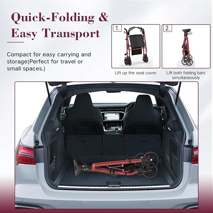 Walkers for Seniors, Foldable Rollator Walker with Seat, 8" Big Wheels, Lightweight Rollator Walker with Ergonomic Backrest, Adjustable Handles and Seat Height, 310 Lbs Weight Capacity, Red