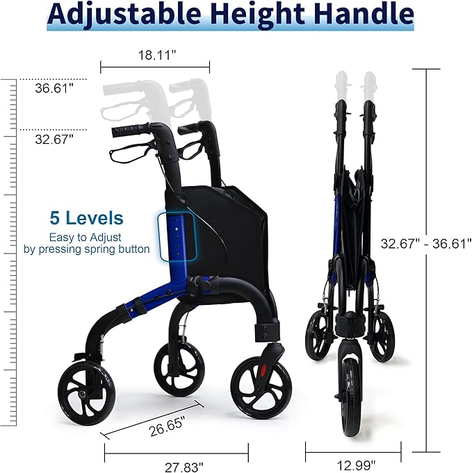 Lightweight 3 Wheel Rollator Walker for Seniors, Foldable Aluminum Mobility Aid with Storage Bag, Easy-Fold Walking Support for Elderly Balance & Rehabilitation
