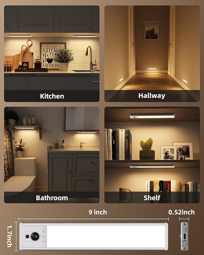 EZVALO 5 Pack Under Cabinet Lighting, Rechargeable Motion Sensor Light, LED Closet Lights Wireless, 3500K Dimmable, Timer, Magnetic, with Remote Control for Kitchen, Closet, Stair