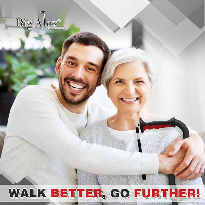 BigAlex Quad Cane, Foldable Adjustable Walking Cane for Men & Women with Stable 4-Pronged Base for Extra Stability & Balance, Heavy Duty, Lightweight, Soft Offset Handle Stick for Seniors & Elderly