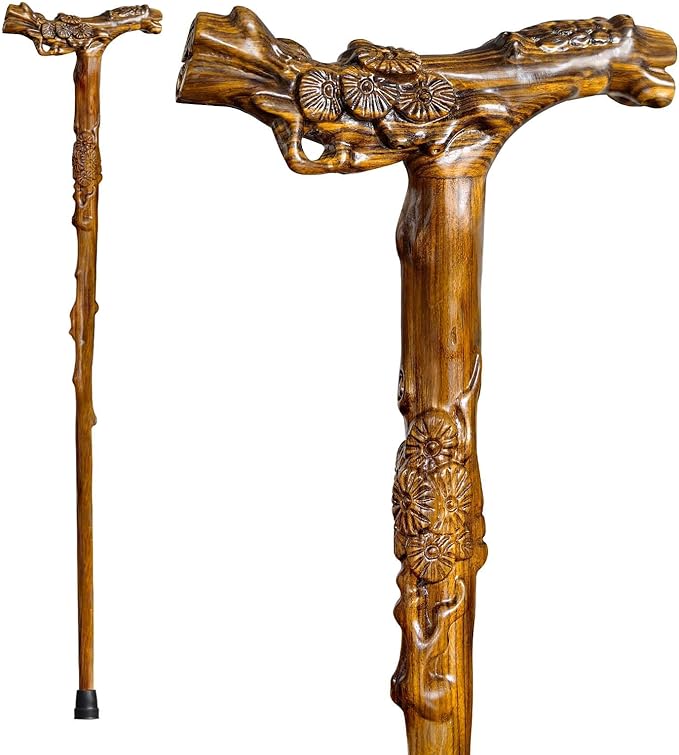 Wooden Walking Cane, Hand-Carved Wood Walking Cane for Men and Women, with Massage Function Support up to 500lbs, High-end Canes for Seniors Suitable for Gift Giving