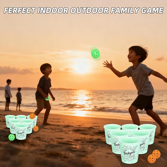 Mostop Yard Pong Outdoor Games Glow in Dark, Giant Yard Game Set with 12 Buckets, 6 Balls and Carrying Bag, Toss Throwing Game for Kids Adults Lawn, Beach, Camping, Tailgating or Backyard Activities
