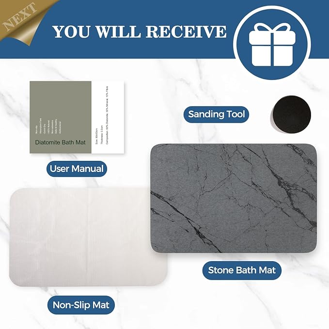 Stone Bath Mat Quick Dry Bath Stone Mat for Bathroom Floor Diatomaceous Earth Diatomite -Super Absorbent,Natural, Easy to Clean Grey