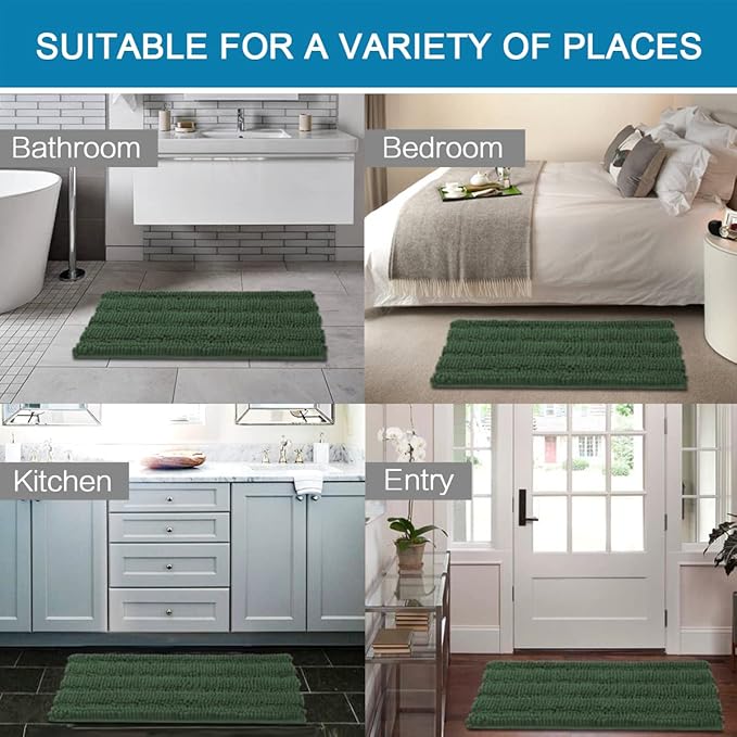 H.VERSAILTEX Bathroom Rugs Bath Mats Sets Super Absorbent Chenille Striped Bath Mats Non Skid Machine Wash Dry Rugs for Bathroom Floor Set of 2(Bronze Green, 47 x 17 Plus 17 x 24 - Inches)