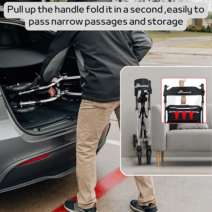 Rollator Walker for Seniors, Lightweight Foldable All Terrain Rolling Walker with seat, Aluminum Walkers with 8 inch Rubber Wheels, Handles and Backrest for Seniors and Adult