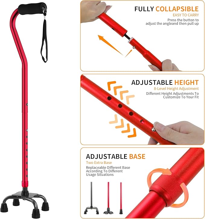 LIXIANG Walking Canes Stablize Women Quad Canes for Seniors & Adults Foldable Adjustable for Men & Women Heavy Duty Freestanding Cane for People with Leg Injuries 3 footings