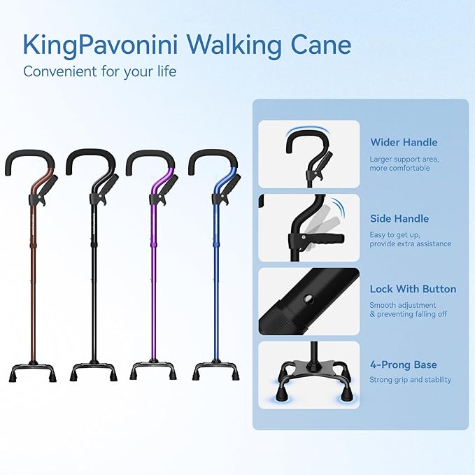 KingPavonini Canes for Women/Men with Second Handle, Foldable & Adjustable Walking Cane with 4-Pronged Base, Quad Cane for Stability, Standing, Balance, Leg Surgery Recovery