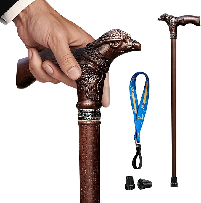 Hand Carved Wooden Walking Cane USA Made Eagle Carved Ergonomic Elegant Wood Canes for Men and Women Support up to 400 lbs Provide Stable Canes for Seniors for Daily Use and Gift Giving