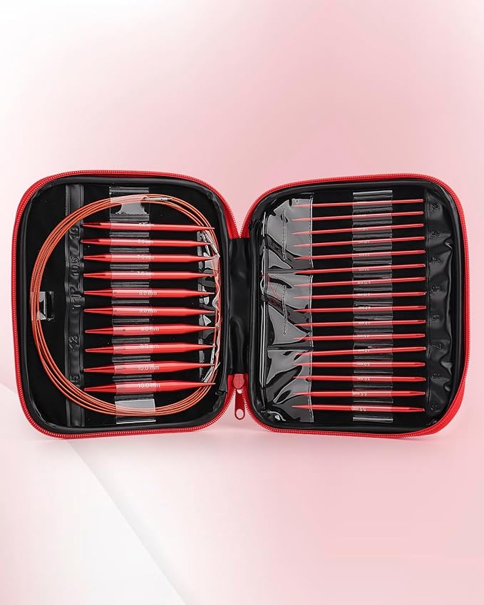 Interchangeable Knitting Needle Set with Circular Cable for Crafters, 13 Circular Knitting Needles with 4 Cable, 3-10 mm Aluminum Knitting Needles for Beginner, DIY Crafts, Red Needle Set