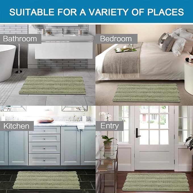 H.VERSAILTEX Bath Mats for Bathroom Non Slip Thick Chenille Striped Bath Rug Absorbent Fluffy Soft Shaggy Rugs Washable Dry Fast Plush Mats for Indoor, Bath Room, Tub - 20" x 32", Eucalyptus Green