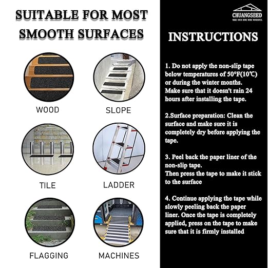 CHUANGSEED 12-Pack Non-Slip Stair Traction Tape 4''x30'' -80 Grit Outdoor Treads Grip Tape- Waterproof Heavy Duty Anti Skid Strips for Steps,Deck,Staircase