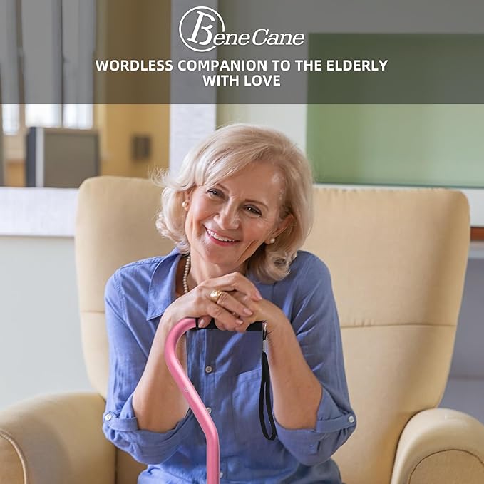 BeneCane Quad Cane Adjustable Walking Cane with Offset Soft Cushioned Handle for Men & Women Lightweight Comfortable with 4-Pronged feet for Extra Stability