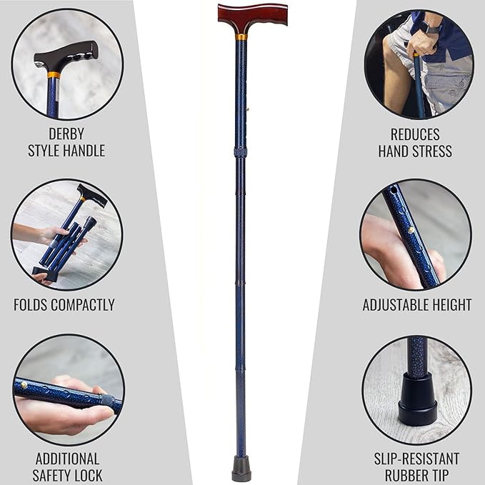 DMI Sports Walking Cane or Stick, Foldable Cane for Men, Women, Seniors and Handicapped Adjusts from 33-37" in 1 inch increments with Ergonomic Wood Handle,Supports up to 250 Pounds