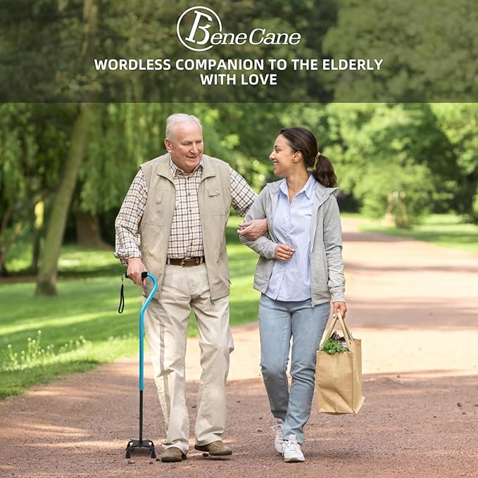 BeneCane Quad Cane Adjustable Walking Cane with Offset Soft Cushioned Handle for Men & Women Lightweight Comfortable with 4-Pronged feet for Extra Stability