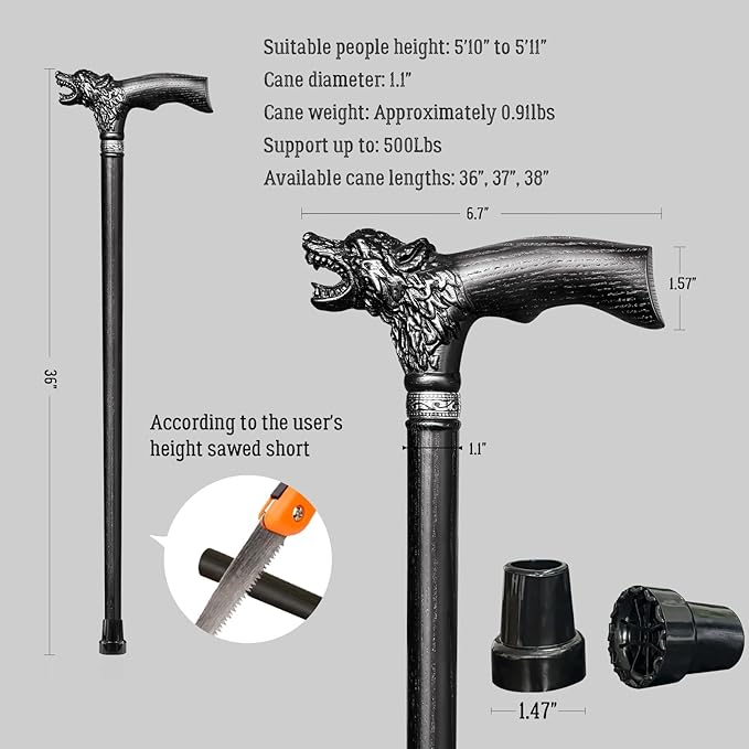 Walking Cane Dedicated Sizes with Hand-Carved Wooden Walking Cane for Men and Women Support up to 500 lbs, All-Day Comfort Ergonomic Canes for Seniors Daily Walking and Outdoor Strolls